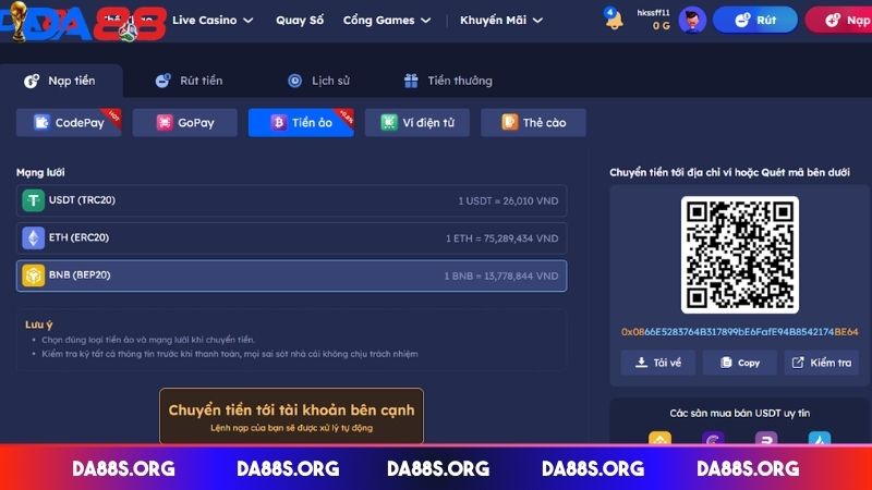 Nạp/rút tiền nhanh chóng tại DA88